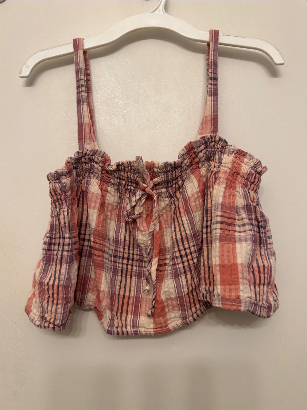 American Eagle Outfitters Pink & Cream Plaid Smocked Cami